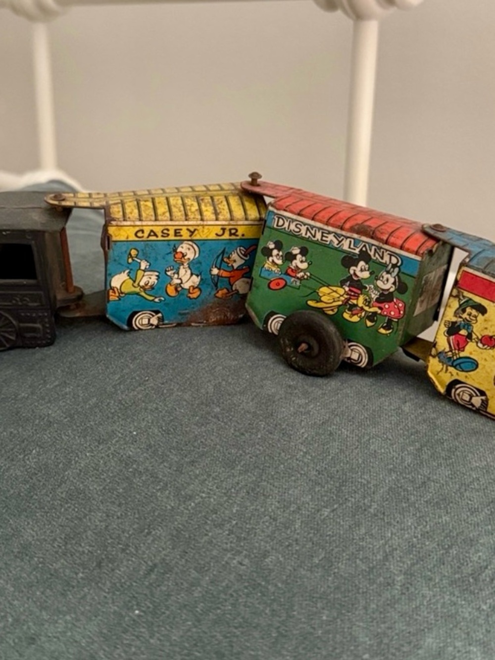 Disney Tin Train Cars - Yellow, Green & Blue Vintage Style